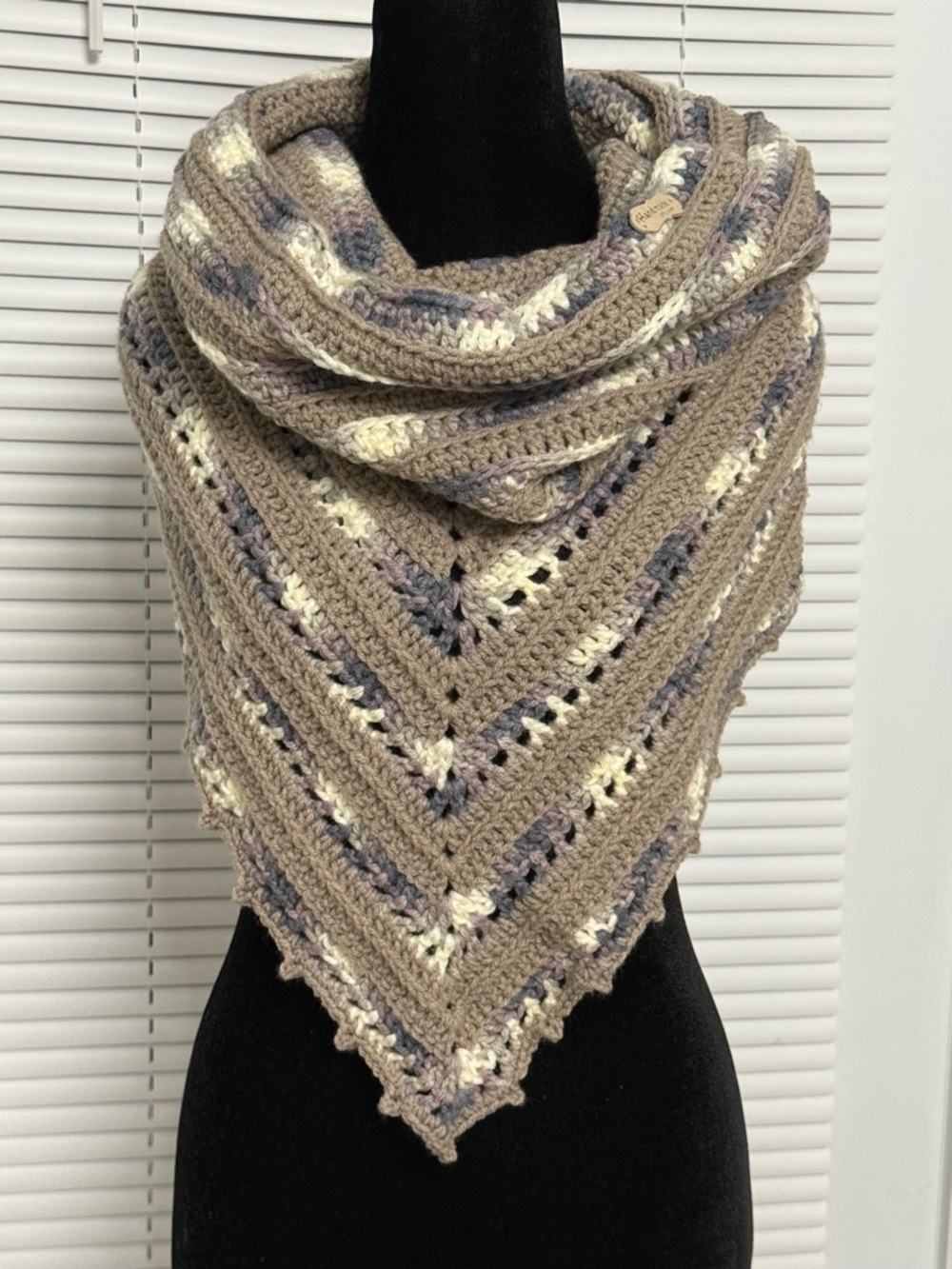 Neutral Taupe Crochet Triangle Shawl with Cream & Gray Stripes